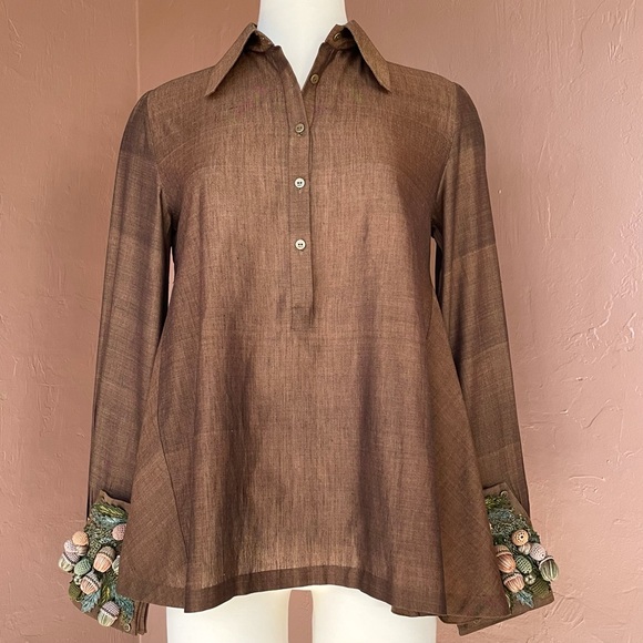 swgt Brown Silk Acorn Shirt Blouse Size M 8 20 Silk Handwoven Designer Career - Picture 1 of 16